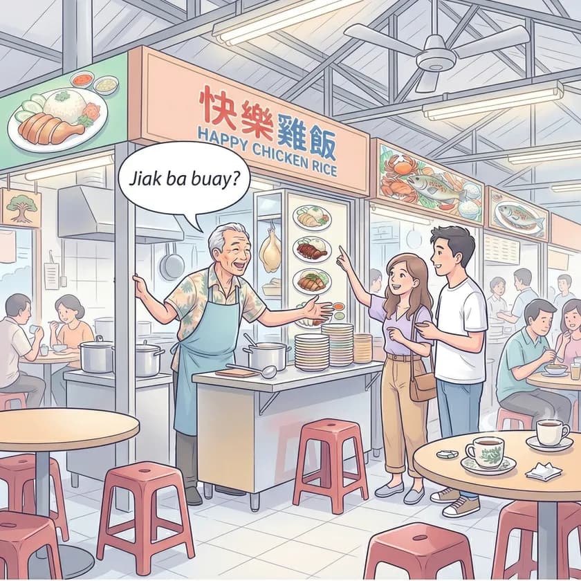 Illustration of a hawker centre uncle calling out in Hokkien